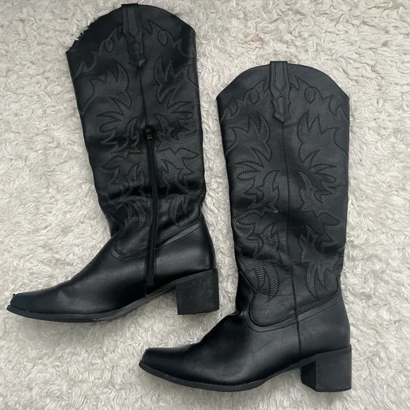 Black Western Embroidered Knee High Cowboy Boots Pointed Toe Festival Boots - Picture 5 of 16
